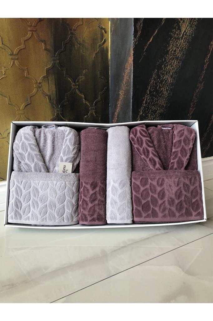 Hazal 8 Parça Aile Bornoz Takımı Gri Mürdüm - 1