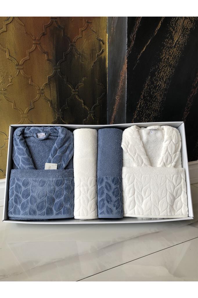 Hazal 8 Parça Aile Bornoz Takımı Krem Mavi - 1