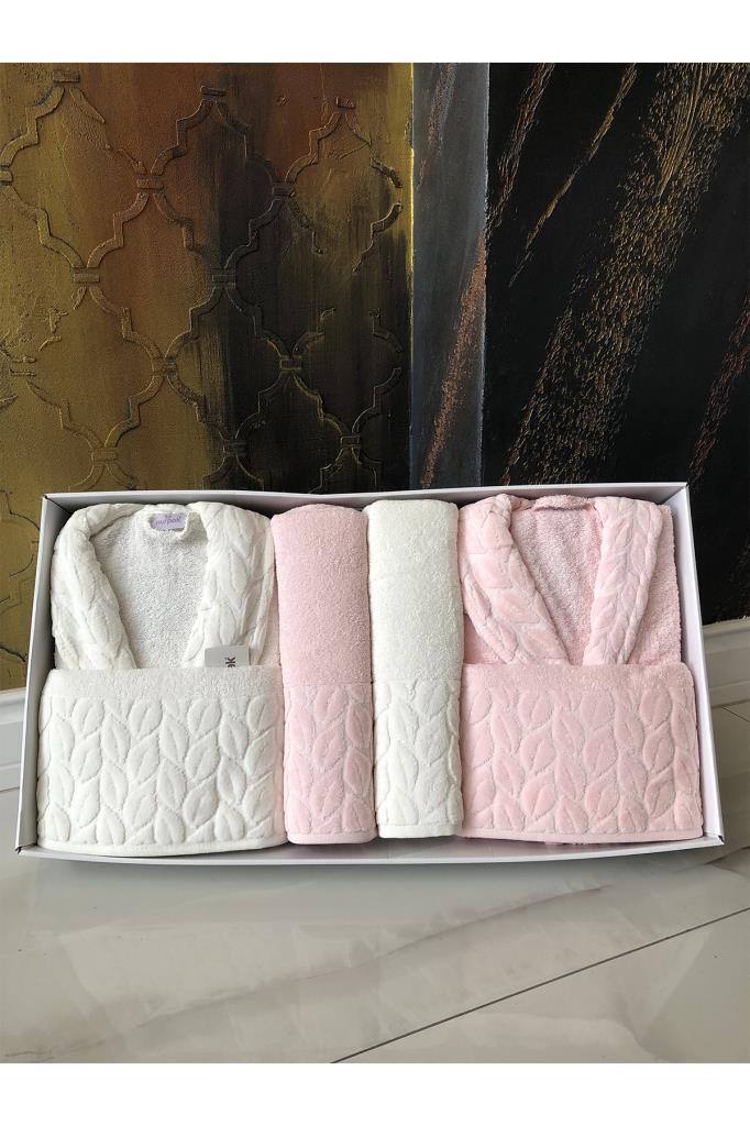 Hazal 8 Parça Aile Bornoz Takımı Krem Pembe - 1