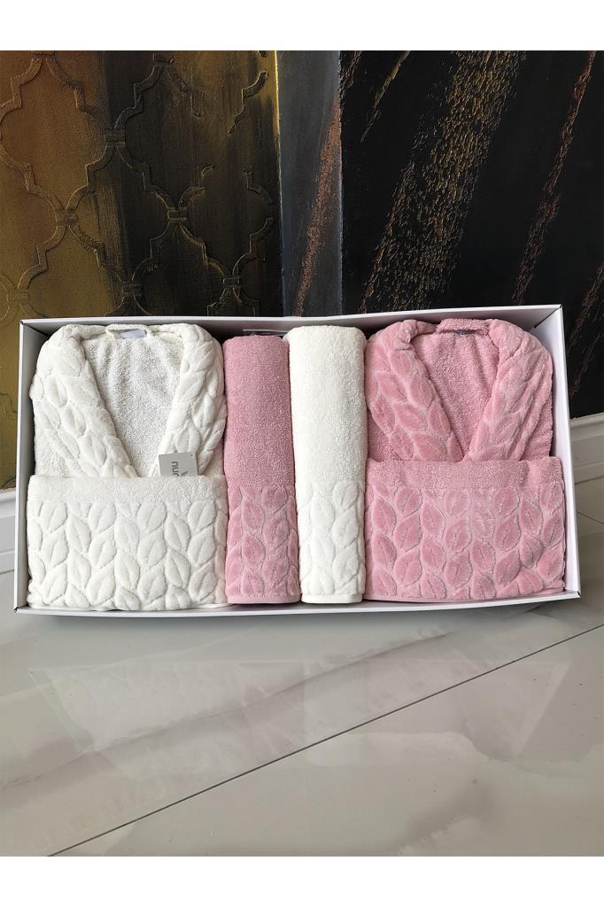 Hazal 8 Parça Aile Bornoz Takımı Krem Pudra - 1