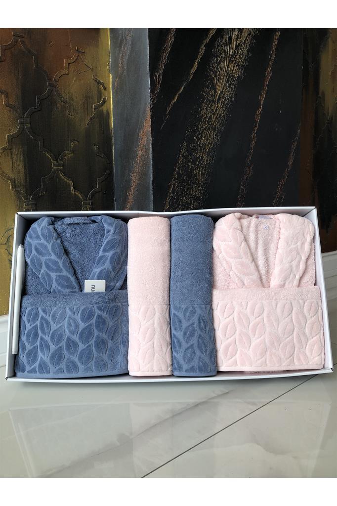 Hazal 8 Parça Aile Bornoz Takımı Pembe Mavi - 1