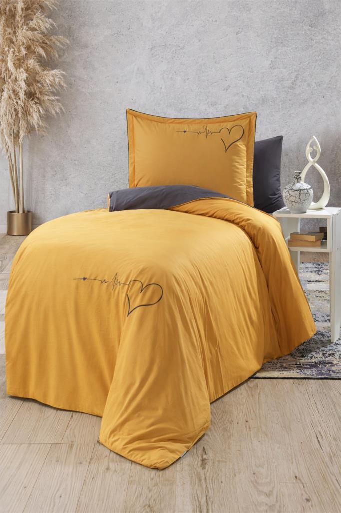 Heart Çift Taraflı Tek Kişilik Nevresim Takımı Hardal - 1