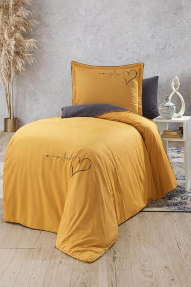 Heart Çift Taraflı Tek Kişilik Nevresim Takımı Hardal - Çeyiz Diyarı