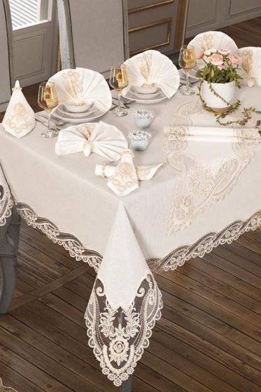 İhtişam Masa Örtüsü 160x260 Cm 26 Parça Krem - Çeyiz Diyarı