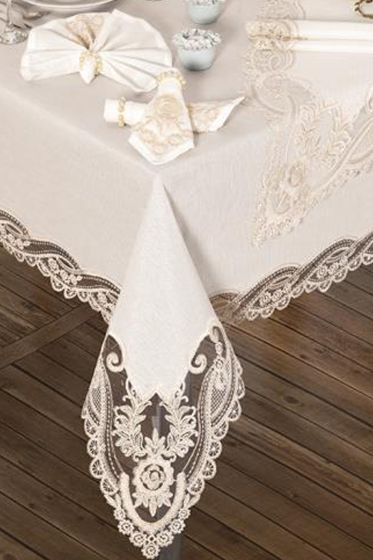 İhtişam Masa Örtüsü 160x260 Cm 26 Parça Krem - Çeyiz Diyarı (1)