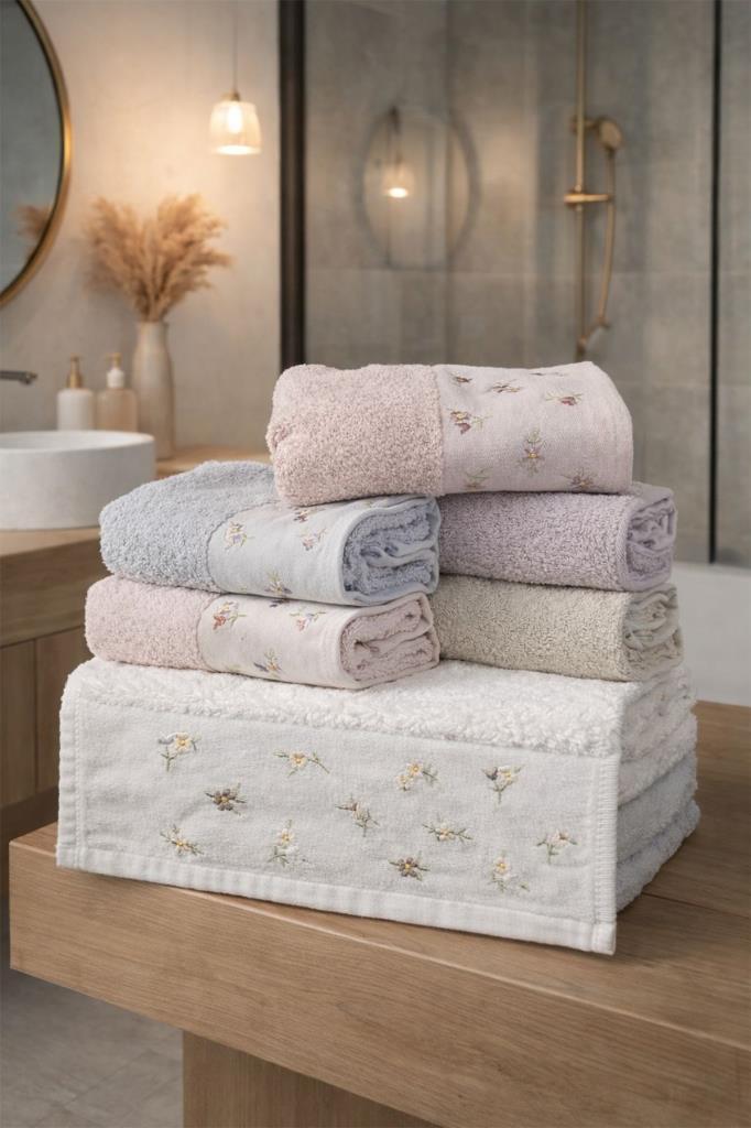 İpek Flower Nakışlı 6 lı 50x90 Cm El Yüz Havlu Takımı - 1