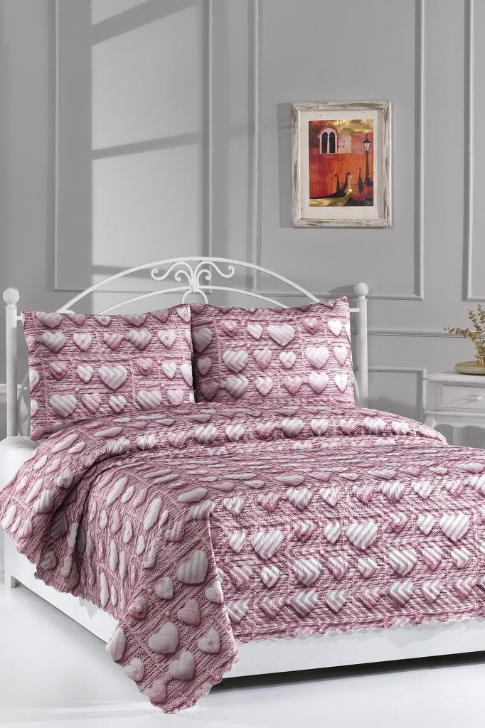 Kalpten Ultrasonik Kapitoneli 5D Baskılı Çift Kişilik Pike Takımı Pembe - 1