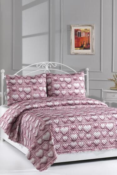 Kalpten Ultrasonik Kapitoneli 5D Baskılı Çift Kişilik Pike Takımı Pembe - Çeyiz Diyarı