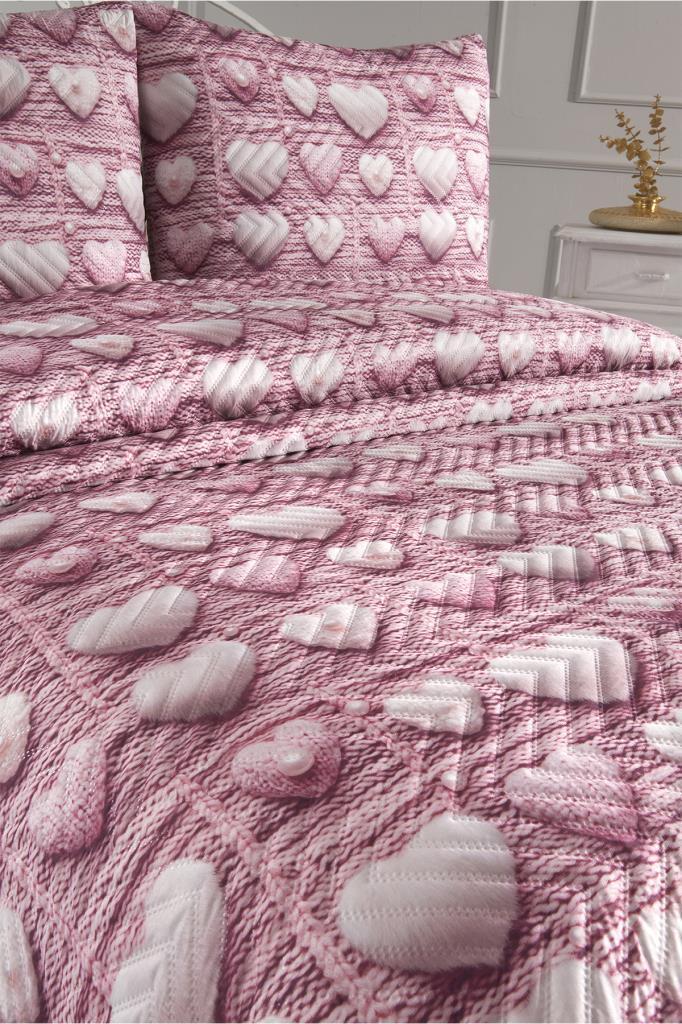 Kalpten Ultrasonik Kapitoneli 5D Baskılı Çift Kişilik Pike Takımı Pembe - 3