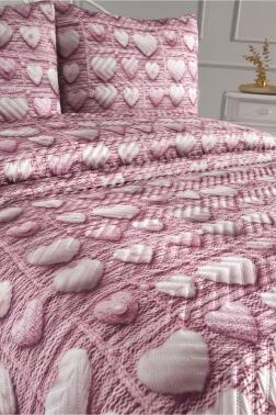 Kalpten Ultrasonik Kapitoneli 5D Baskılı Çift Kişilik Pike Takımı Pembe - 3