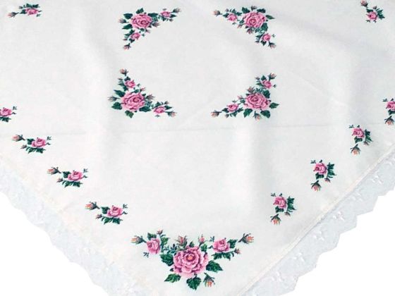Kanaviçe Baskılı Güpürlü Fiskos Pembe - Çeyiz Diyarı