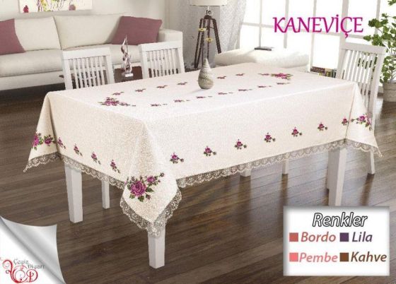 Kanaviçe Baskılı Güpürlü Masa Örtüsü Takımı 18 Parça Bordo - Çeyiz Diyarı