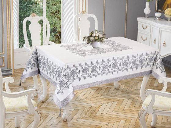 Kanaviçe Baskılı Sultan Masa Örtüsü Silver 160x300 Cm - Çeyiz Diyarı