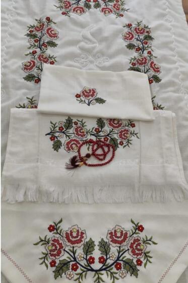 Kanaviçe İşlemeli Bohça Seti Çiçek Bordo - Çeyiz Diyarı