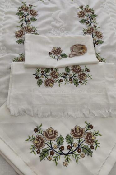 Kanaviçe İşlemeli Bohça Seti Çiçek Kahve - Çeyiz Diyarı