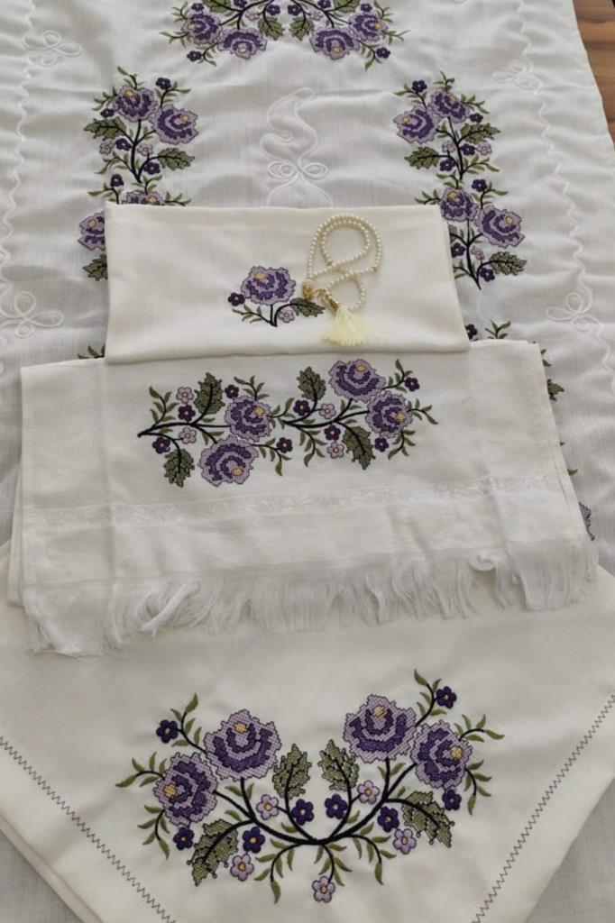 Kanaviçe İşlemeli Bohça Seti Çiçek Lila - 1