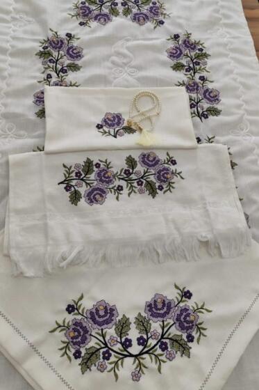 Kanaviçe İşlemeli Bohça Seti Çiçek Lila - Çeyiz Diyarı
