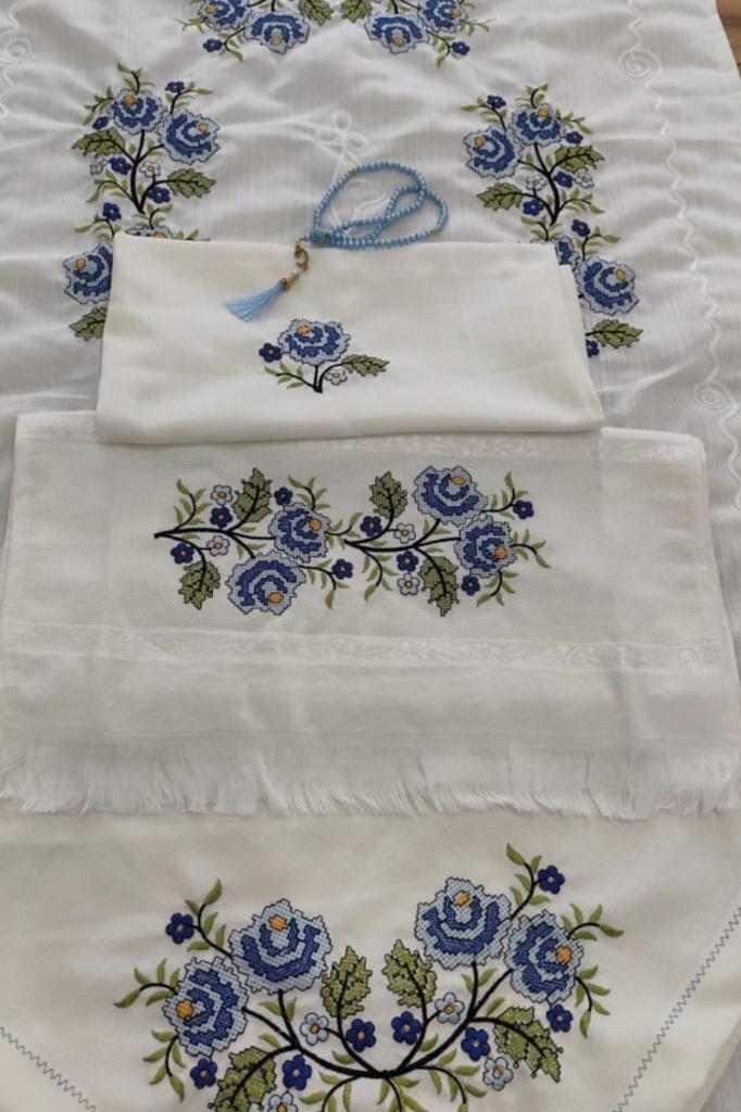 Kanaviçe İşlemeli Bohça Seti Çiçek Mavi - 1