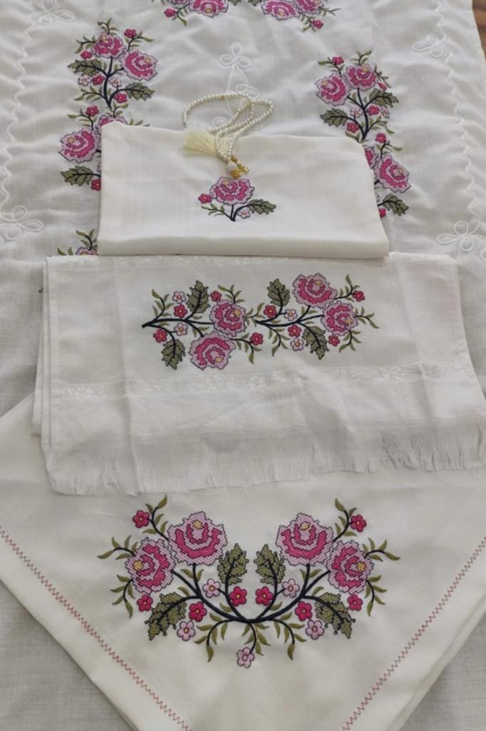 Kanaviçe İşlemeli Bohça Seti Çiçek Pembe - 1