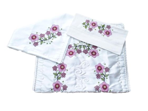 Kanaviçe İşlemeli Bohça Seti Flowers Lila - Çeyiz Diyarı