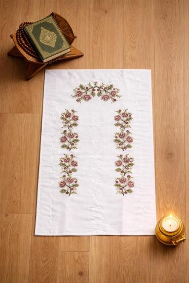 Kanaviçe İşlemeli Gardenya 70x135 cm Seccade Kahverengi - Çeyiz Diyarı