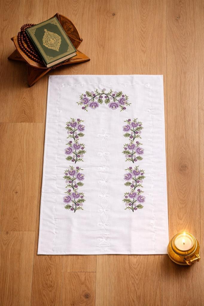 Kanaviçe İşlemeli Gardenya 70x135 cm Seccade Lila - 1