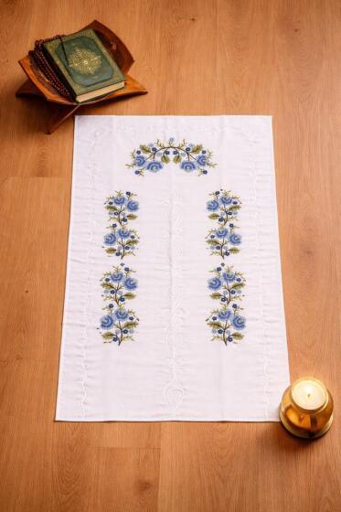 Kanaviçe İşlemeli Gardenya 70x135 cm Seccade Mavi - Çeyiz Diyarı