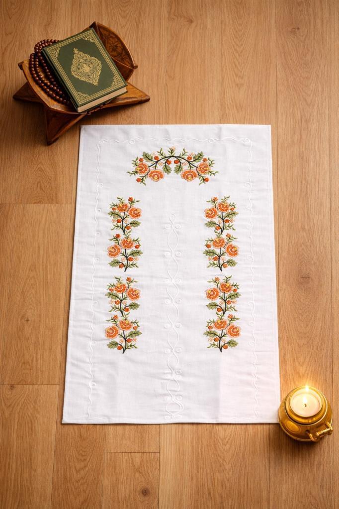 Kanaviçe İşlemeli Gardenya 70x135 cm Seccade Turuncu - 1