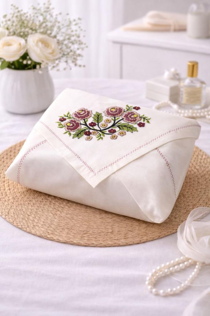 Kanaviçe İşlemeli Gardenya 90x90 cm Tek Bohça Kahverengi - 1