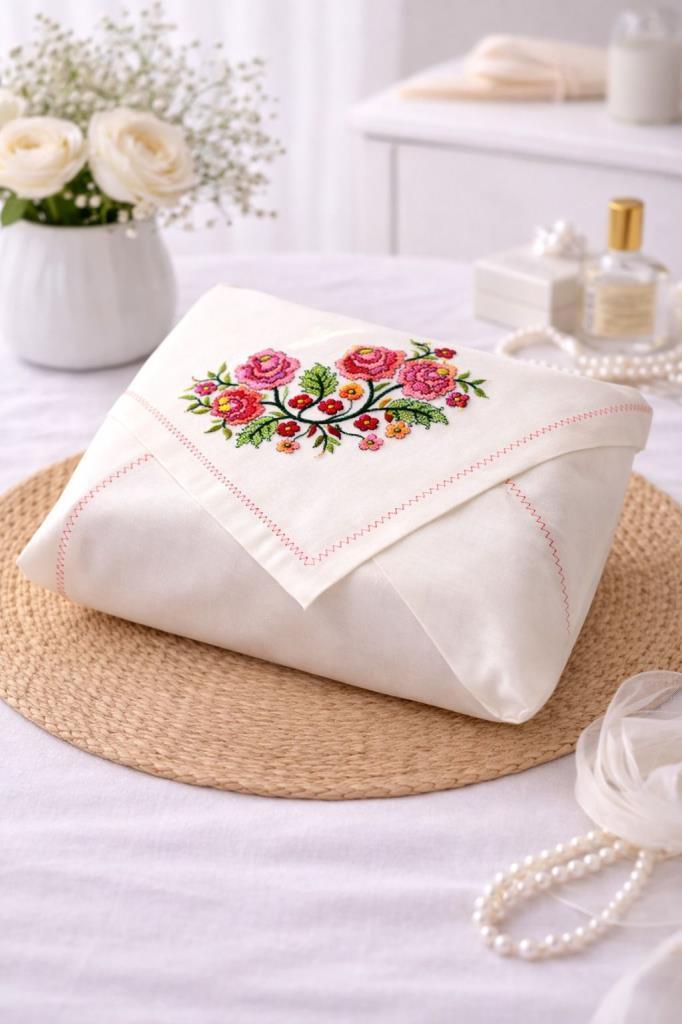 Kanaviçe İşlemeli Gardenya 90x90 cm Tek Bohça Kırmızı - 1