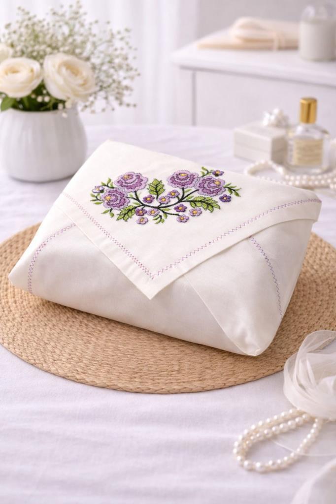 Kanaviçe İşlemeli Gardenya 90x90 cm Tek Bohça Lila - 1