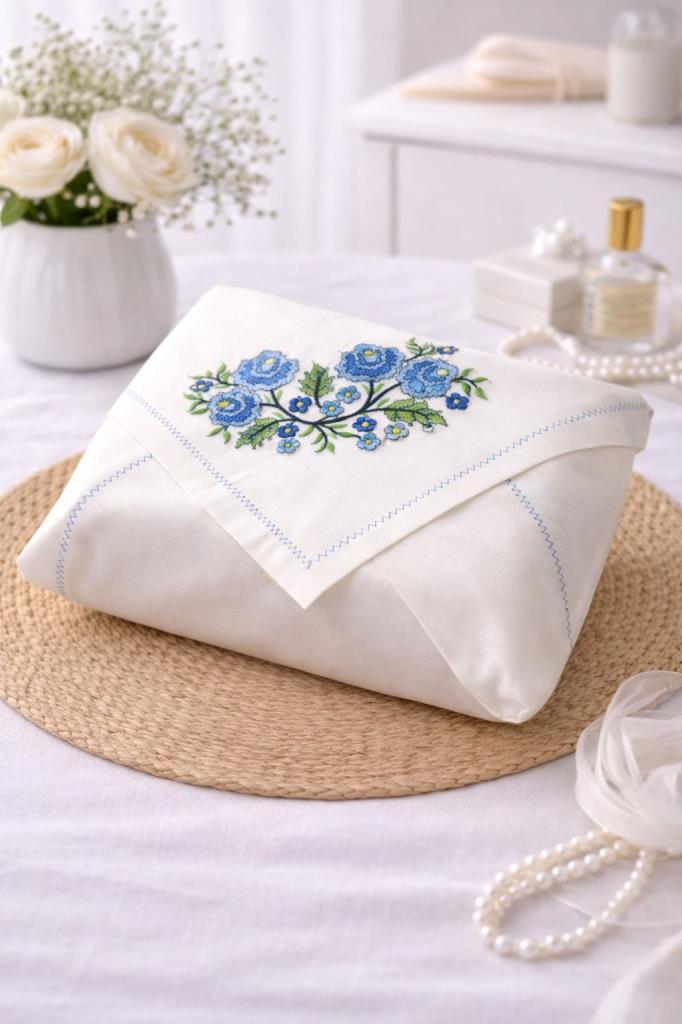 Kanaviçe İşlemeli Gardenya 90x90 cm Tek Bohça Mavi - 1