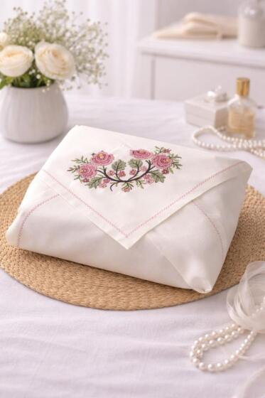 Kanaviçe İşlemeli Gardenya 90x90 cm Tek Bohça Pembe - Çeyiz Diyarı