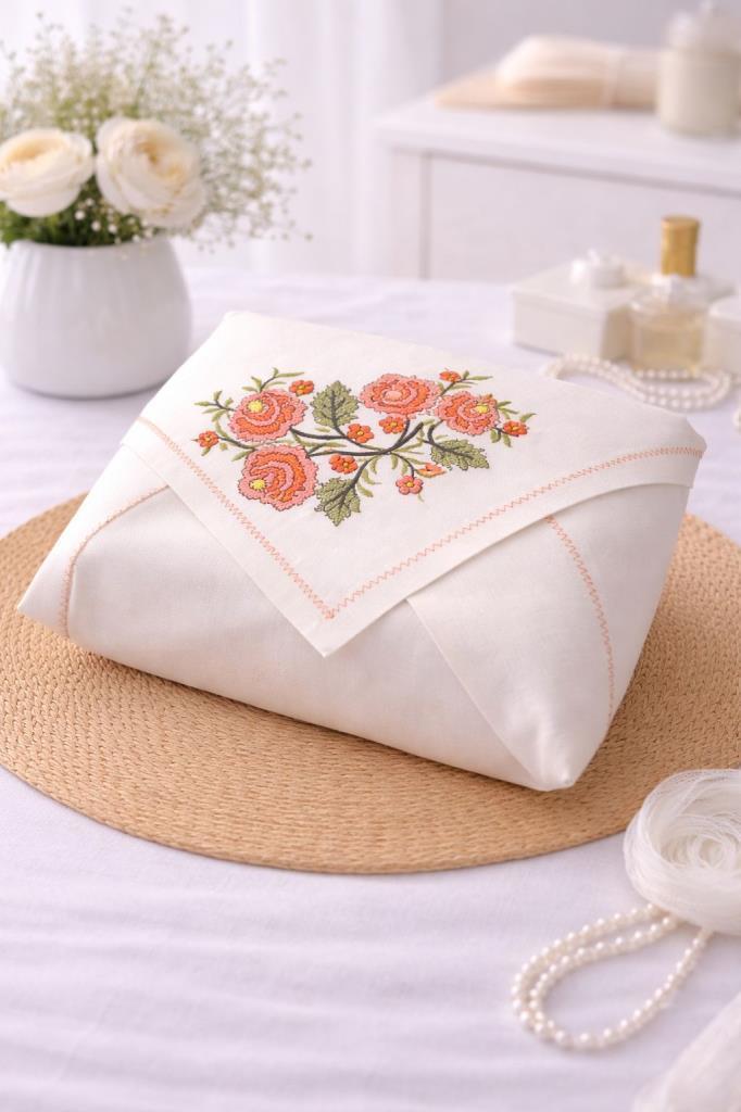 Kanaviçe İşlemeli Gardenya 90x90 cm Tek Bohça Turuncu - 1