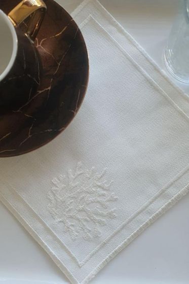 Kar Tanesi Nakışlı Kare Bardak Altlığı Seti 6 Lı Krem - Çeyiz Diyarı (1)