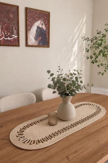 Karanfil Lüks Tığ İşi 33x100 cm Oval Runner Bej - Çeyiz Diyarı