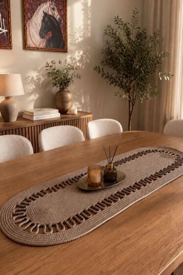 Karanfil Lüks Tığ İşi 33x100 cm Oval Runner Cappucino - Çeyiz Diyarı