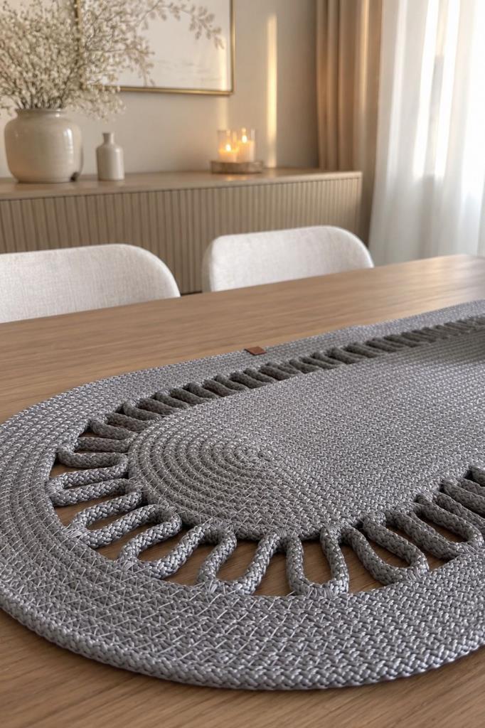 Karanfil Lüks Tığ İşi 33x100 cm Oval Runner Gri - 2