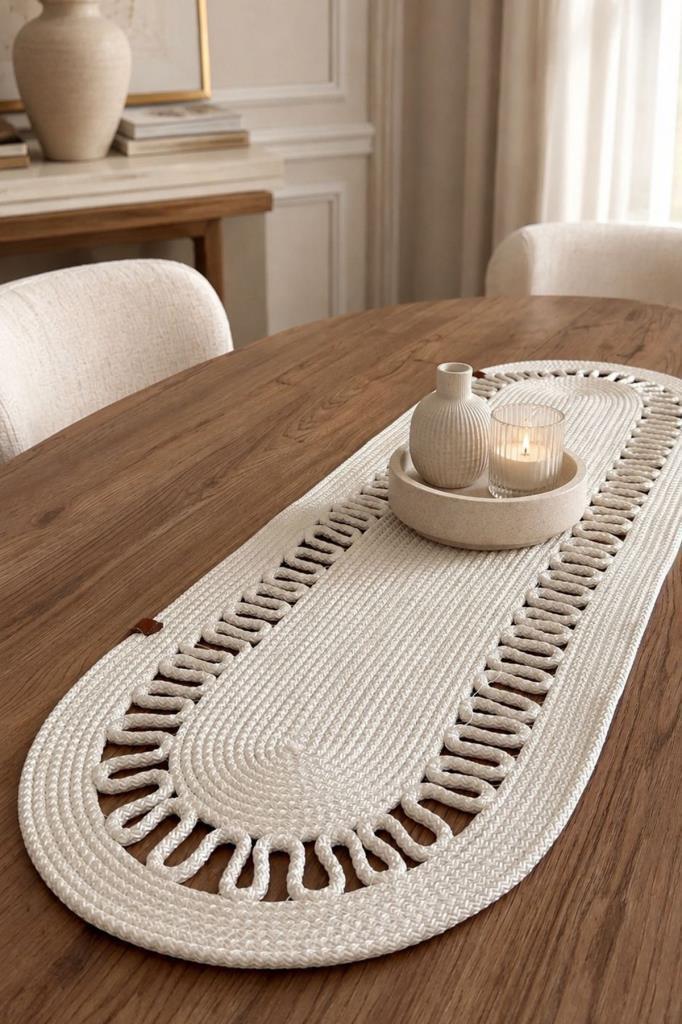 Karanfil Lüks Tığ İşi 33x100 cm Oval Runner Krem - 1