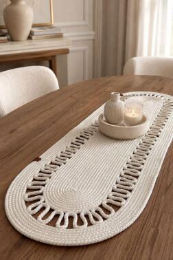 Karanfil Lüks Tığ İşi 33x100 cm Oval Runner Krem - 1