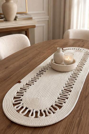 Karanfil Lüks Tığ İşi 33x100 cm Oval Runner Krem - Çeyiz Diyarı
