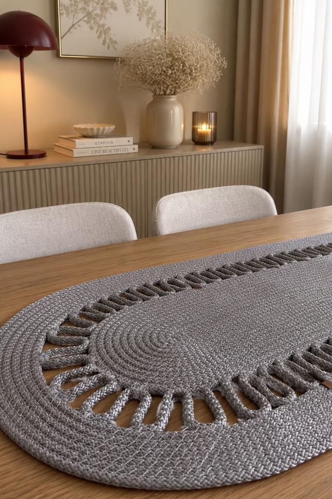 Karanfil Lüks Tığ İşi 33x100 cm Oval Runner Silver - 2