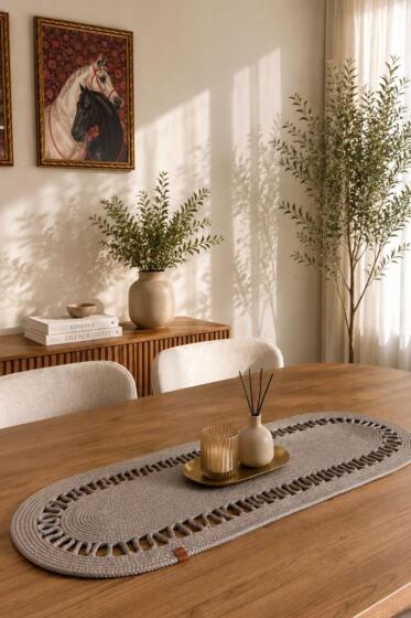 Karanfil Lüks Tığ İşi 33x100 cm Oval Runner Vizon - Çeyiz Diyarı