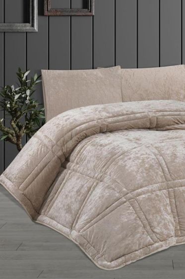 Karelim Kadife Comforter Çift Kişilik Yorgan Seti Bej - Çeyiz Diyarı