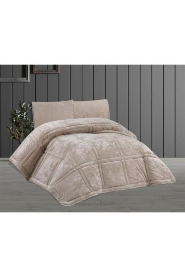 Karelim Kadife Comforter Çift Kişilik Yorgan Seti Bej - Çeyiz Diyarı (1)