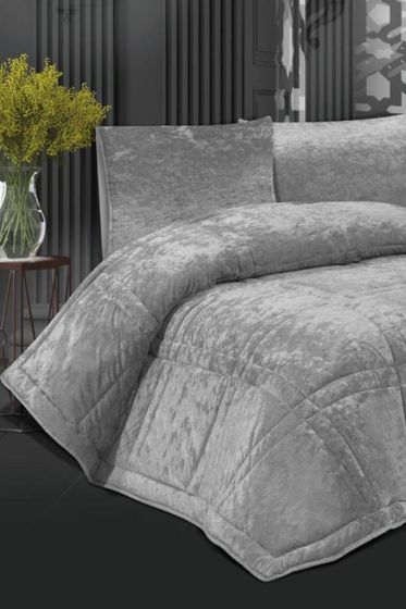 Karelim Kadife Comforter Çift Kişilik Yorgan Seti Gri - Çeyiz Diyarı