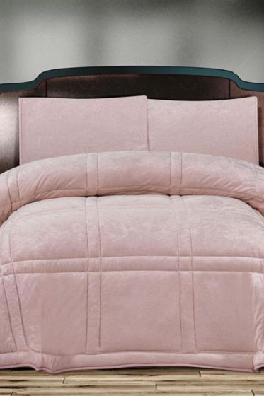 Karelim Kadife Comforter Çift Kişilik Yorgan Seti Pudra - Çeyiz Diyarı