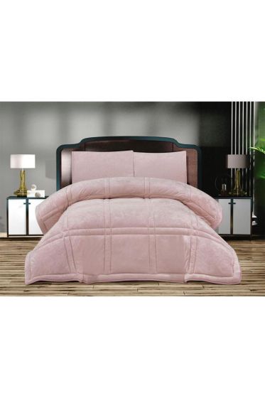 Karelim Kadife Comforter Çift Kişilik Yorgan Seti Pudra - Çeyiz Diyarı (1)