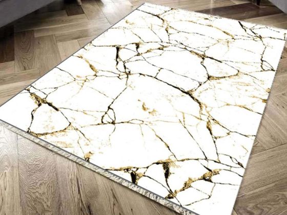 Kaymaz Taban Dijital Baskı Kadife Halı Crack Wall Beyaz Gold 80x200 Cm - Çeyiz Diyarı
