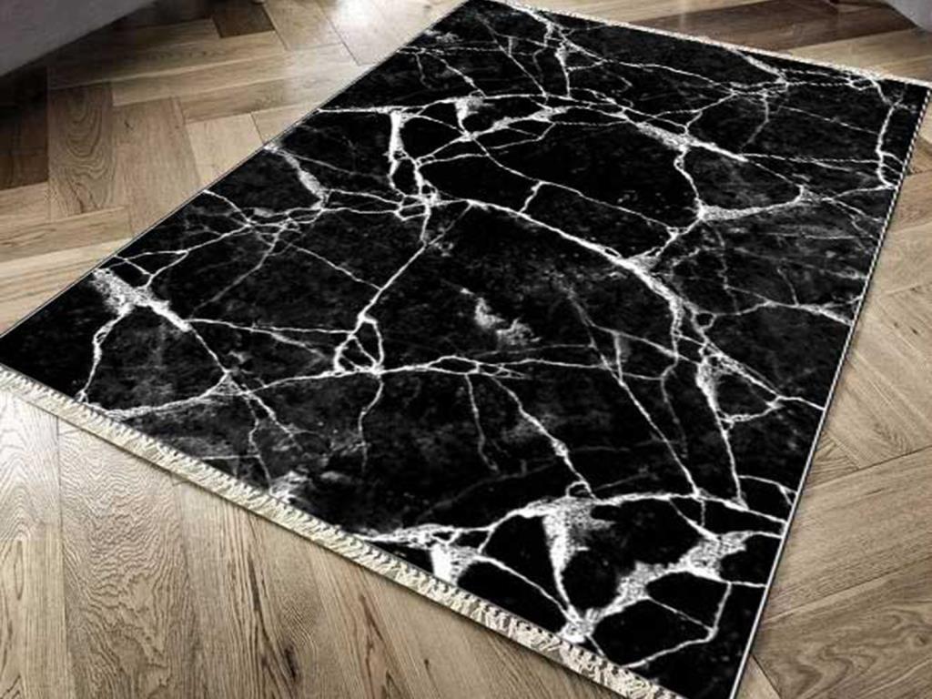 Kaymaz Taban Dijital Baskı Kadife Halı Crack Wall Siyah Beyaz 100x300 cm - 1